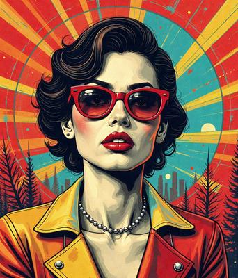 The primary subject of the image is a woman wearing sunglasses and a red jacket. She is the main focus of the image. The setting is a colorful, vibrant background that adds to the overall atmosphere of the scene. The visual style is a combination of photo and digital art, creating a unique and eye-catching image. The colors and mood are lively and energetic, with the woman's outfit and the vivid background contributing to the overall vibe of the image.